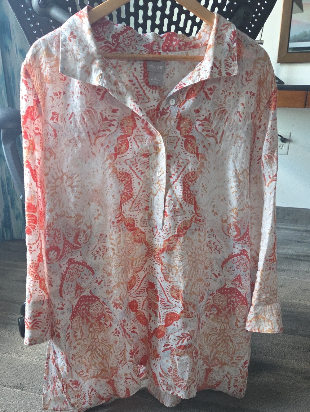 Chico's Linen Tunic Shirt coral pink No Iron  Womens 3 12 14 Mini Dress Tunic